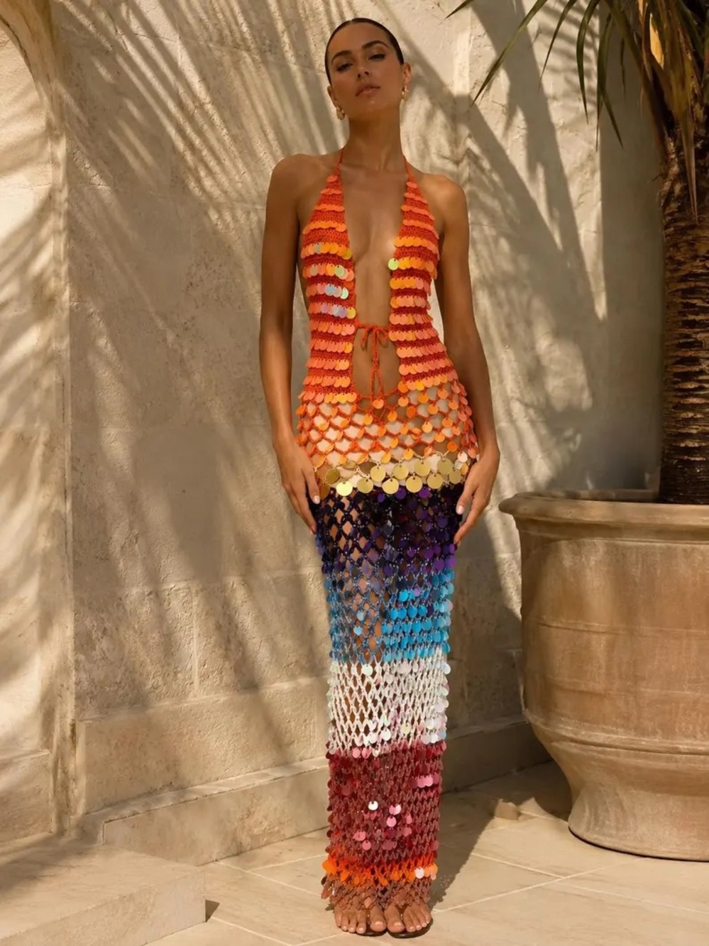 Vibrant Handmade Ombre Sequin Crochet Halter Maxi Dress